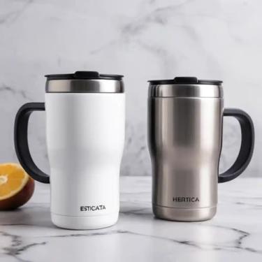 Imagem de Caneca Térmica Parede Dupla em Aço Inox Branca 450ml com Tampa Hermética - Estilo Minimalista
