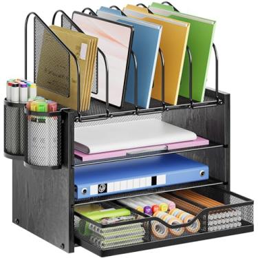 Imagem de Marbrasse Organizador de mesa com gaveta, organizador de arquivos de madeira de 4 camadas com 5 suportes de arquivo verticais e 2 porta-canetas, organizadores de mesa e acessórios para escritório em