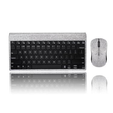 Imagem de Conjunto de presente deslumbrante de teclado e mouse de luxo sem fio, strass cintilante, mouse e teclado – cristal prata com mouse preto
