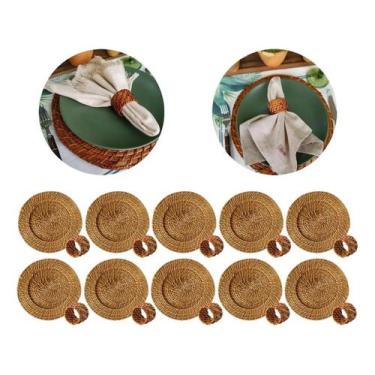 Imagem de Kit 10 Sousplat + 10 Anéis Guardanapo Rattan E Bambu Marrom Claro - MU