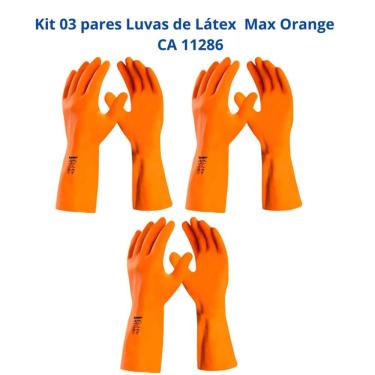 Imagem de Kit 3 Luvas Látex Laranja Reforçada Forrada Max Orange DA208 Danny CA 11286