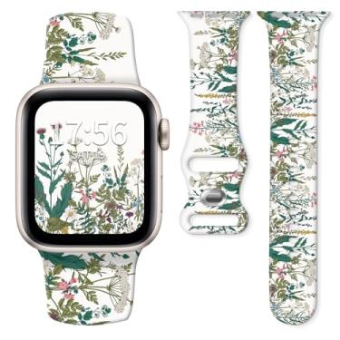 Imagem de Pulseira de silicone para relógio compatível com Apple Watch de 38 mm, 40 mm, 41 mm e 42 mm, para séries Ultra 2/1, SE 10, 9, 8, 7, 6, 5 e 4, pulseira de substituição macia ajustável (flores bege)