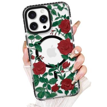 Imagem de AIGOMARA Capa para iPhone 16 Pro Max, compatível com MagSafe, linda capa de telefone transparente com flor de rosa vermelha para mulheres e meninas, fina, à prova de choque, proteção total