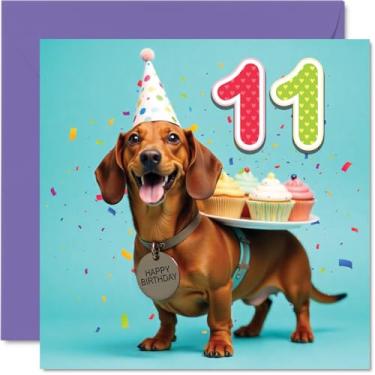 Imagem de Cartões de aniversário de 11 anos para meninos e meninas - Cão de festa - Cartão de feliz aniversário para meninos de 11 anos de idade menina irmã sobrinha filha irmão, cartões comemorativos de
