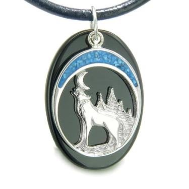 Imagem de Colar de lua com detalhes de lobo uivante turquesa - Joias de pedras preciosas espirituais - Amuletos da série I am Moonlight, 18" LEATHER CORD - Black Agate, pedra preciosa Aço inoxidável Couro