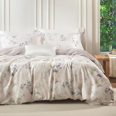 Imagem de MILDLY Conjunto de capa de edredom tamanho casal 100% algodão de fibra longa luxo elegante floral patten reversível conjunto de capa de edredom 3 peças