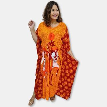 Imagem de Vestido Longo Indiano Kaftan Viscose Estampa Africana Plus - Sarat Mod