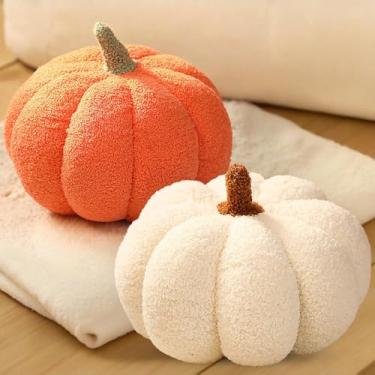 Imagem de ELETON Decoração de almofada de abóbora de Halloween, travesseiro de pelúcia de lã com abóboras de lã, decoração de abóboras de Halloween para sofá, presentes macios de decoração de abóbora de