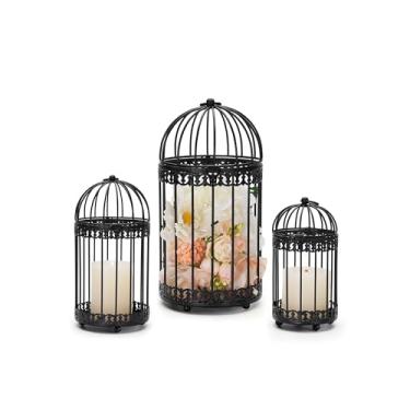 Imagem de NUPTIO Gaiolas decorativas de pássaros para centro de mesa: Conjunto de 3 lanternas suspensas de gaiola de pássaro vintage preta - Castiçais de pilar de gaiola de metal para decoração de lareira de