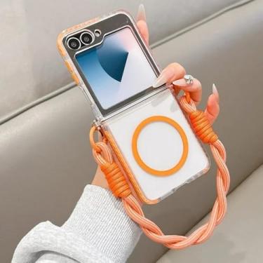 Imagem de Capa de celular com alça magnética para Samsung Galaxy Z Flip 6 5 4 3 Flip6 Flip5 Flip4 Flip3, capa transparente, laranja, para Galaxy Z Flip 6