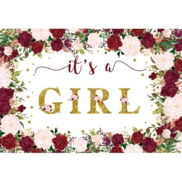 Imagem de Yeele Pano de fundo floral para chá de bebê de 2,1 x 1,5 m Borgonha vermelho rosa com bolinhas douradas. É um fundo fotográfico revelador de gênero feminino para decoração de festa de chá de bebê