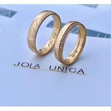 Imagem de Par de Aliancas Ouro 18K abauladas com 5 mm e cravadas de pedras na la