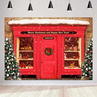Imagem de GURETER Pano de fundo de loja de Natal de 2,1 x 1,5 m, pano de fundo de vinil para decoração de festa de brinquedos infantis, Feliz Natal e Feliz Ano Novo