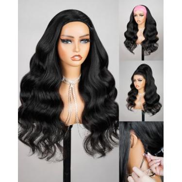 Imagem de Megalook hair Peruca De Cabelo Humano Com Faixa De Cabeça Sem Cola, Peruca De Cabelo Humano Com Ondas Profundas, Sem Faixa De Renda, Meia Peruca, Preta, Longa, Ondulada, Com Cordão, Rabo De Cavalo,