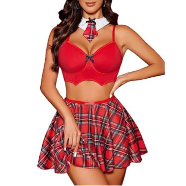 Imagem de Avidlove Conjunto de lingerie de estudante para mulheres, 4 peças, conjunto de lingerie para fantasia de estudante com minissaia vermelha M
