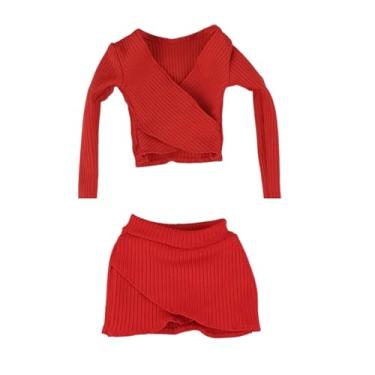 Imagem de Dynwave Top curto feminino em escala 1:6, saia curta, clássico, feito à mão, manga comprida, ajustado, para boneco de ação de 12 polegadas, acessório para, Vermelho