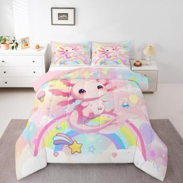Imagem de Axolotl Conjunto de cama casal com desenho animado axolote para meninos, meninas, adolescentes, salamandra, edredom respirável, macio, leve, microfibra, sonhador, arco-íris, decoração de quarto