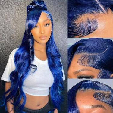 Imagem de Peruca frontal de renda amzhair longa azul escuro Body Wave 34"