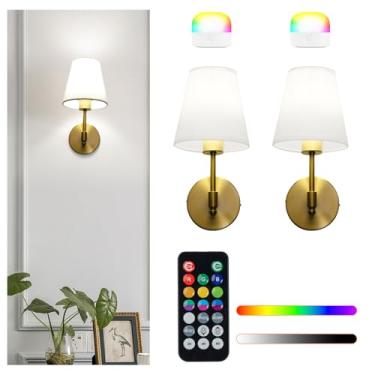 Imagem de JackonLux Conjunto de 2 arandelas alimentadas por bateria, luz de parede sem fio regulável com lâmpadas recarregáveis removíveis RGBW de 2600 mAh e controle remoto para quarto, sala de estar e