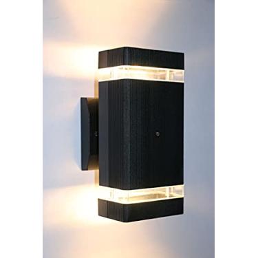 Imagem de LUMINTURS Luminária de parede externa moderna com sensor do crepúsculo ao amanhecer, montagem na parede, impermeável, antiferrugem, retangular, para cima e para baixo, arandelas pretas para varanda