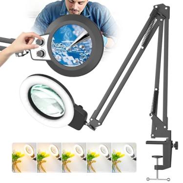 Imagem de HITTI Lupa longa de 12 x com luz, 2025 Upgrade Infinite Color and Brightness LED Magnifying Lamp com grampo, luz de aumento de mãos livres e suporte para bancada de trabalho artesanato leitura pintura