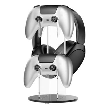 Imagem de Suporte de controle de 2 níveis e suporte de fone de ouvido, organizador 2 em 1 para ps5, ps4, One, série, acessórios de gancho de fone de ouvido para jogadores de mesa (preto)