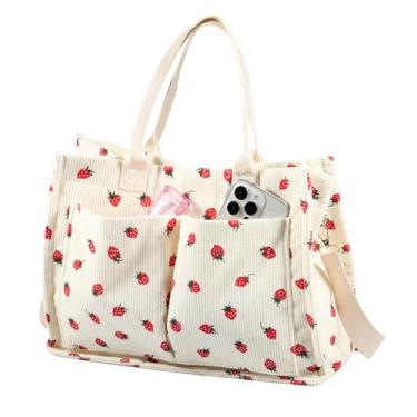 Imagem de LCZNXJJY Sacolas de lona, linda bolsa remendada de morango, bolsa de ombro de lona, bolsa de ombro com alças ajustáveis, Branco, 13.8 x 10.2 x 5.7 inches