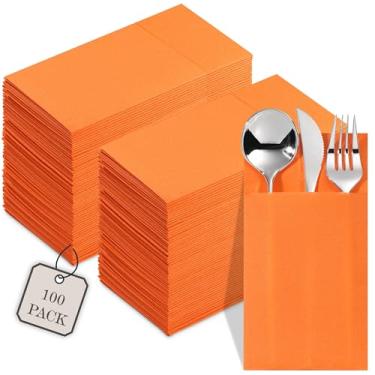 Imagem de Guardanapos descartáveis com bolso para talheres, pacote com 100 guardanapos de papel laranja para casamento, jantar ou festa, bolso embutido para talheres, pré-dobrado