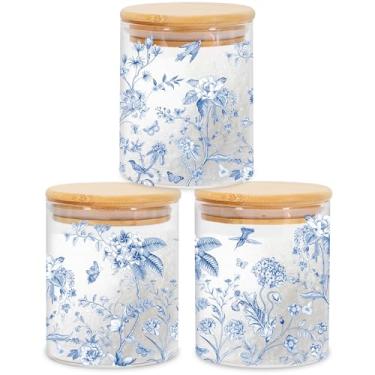 Imagem de JarThenaAMCS 3 peças de potes de armazenamento de vidro chinoiserie com tampa hermética flor azul conjuntos de recipientes decorativos para bancada de cozinha doméstica