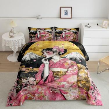 Imagem de Manfei Jogo de cama casal de gueixa para crianças e adultos, conjunto de edredom de luxo estilo japonês, reversível, para meninos e meninas, flores de cerejeira, 3 peças, enchimento de edredom estilo