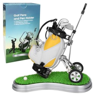 Imagem de 10L0L Suporte de caneta de golfe, 3 canetas de clube e carrinho móvel, mini bolsa de golfe decoração de mesa para escritório, presentes engraçados para homens, pai, meias de chefe para golfistas no