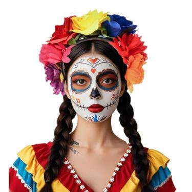 Imagem de June Bloomy Mexican Flower Headband Halloween Cinco De Mayo Party Costume Day of The Dead Headpiece(Red Yellow Blue)