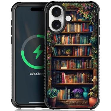 Imagem de WANKBLC Compatível com iPhone 17 Capa magnética à prova de choque protetora para homens mulheres antiderrapante para iPhone 17 Crazy Pattern Dark Bookshelf Plants Retro Vintage