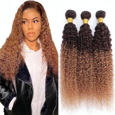 Imagem de LOIUMGUU Feixes de cabelo humano castanho T4/30, mechas encaracoladas crespos 51 cm 61 cm extensões de cabelo virgem brasileiro não processado para mulheres real macio 2 tons Chcolat e marrom