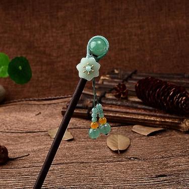 Imagem de Gancho de cabelo de madeira vintage, estilo chinês, flor enrolada, gancho de cabelo com borla, grampo de cabelo clássico para senhora