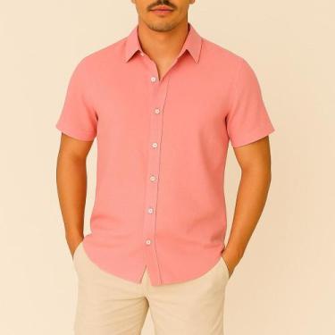 Imagem de Camisa de Linho Manga curta Verão Social Fresca Gola Italiana Elegante