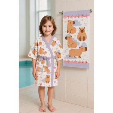 Imagem de Kit Roupão Felpudo Tamanho Único + Toalha Felpuda Capy Happy 60cm X 1,