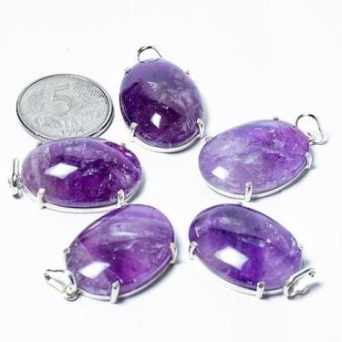 Imagem de 5 Pingentes de Cabochão Oval de Quartzo Ametista em Prata 950 - Garra 