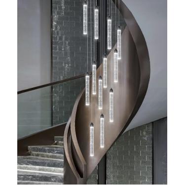 Imagem de Lustre moderno de cristal com 12 luzes LED reguláveis, pendente embutido, para entrada e sala de estar, acabamento preto elegante, iluminação de teto alto