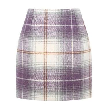 Imagem de Saia feminina Kinghua, xadrez de lã, mini, outono, inverno, roxa, XL