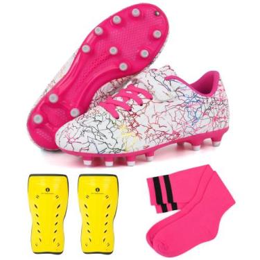 Imagem de Chuteiras de futebol brooman Kids Firm Ground Girls brancas rosa 8Y