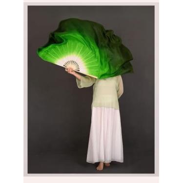 Imagem de Ventoinhas dobráveis com leque dobrável 1 par duas camadas de véu duplo 100% seda verdadeira bambu ventilador dobrável dança do ventre show adereços meio círculo véus de seda verde (cor: preto