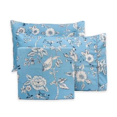 Imagem de Lençol Super King 3 Pçs Estampado Flex Ponto Palito 400 Fios (Flores Azul)