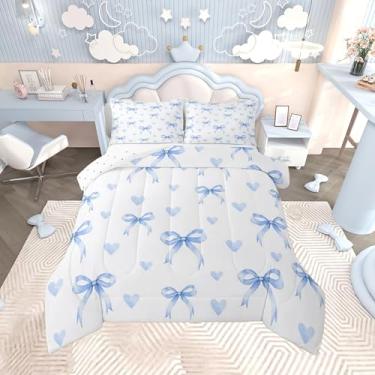 Imagem de Feelyou Conjunto de edredom com laço azul, solteiro, com laço kawaii, para crianças, meninos, meninas, estilo princesa sonhadora, decoração de quarto, microfibra fofa, 2 peças com 1 fronha