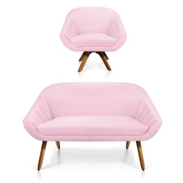 Imagem de Kit 01 Namoradeira 02 Lugares e 01 Poltrona Giratória Giovana Suede Rosa Bebê Base Madeira MM30 - D'Rossi