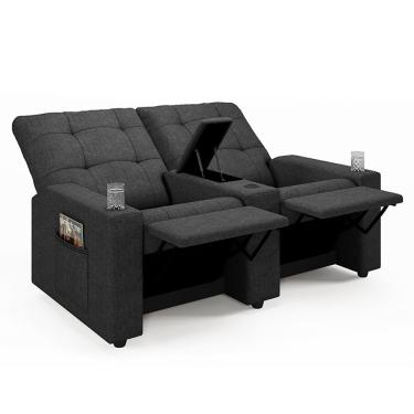 Imagem de Poltrona do Papai Reclinável Cinema 2 Lugares Manual Baú USB Haifa F05 Linho Chumbo - Lyam Decor