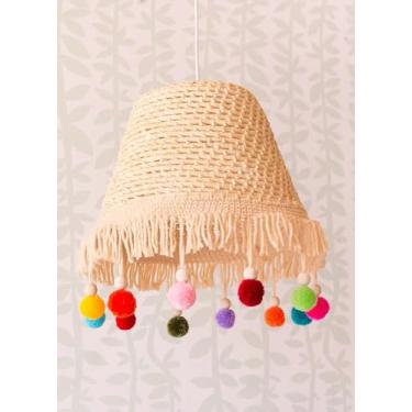 Imagem de Okatoka Luminária Pendente Boho, Palha Natural com Pompons Coloridos, Estilo Rústico, Decoração para Quarto Infantil