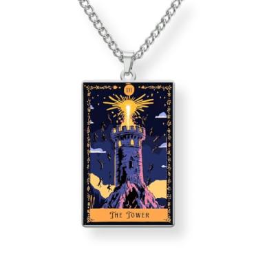 Imagem de Colar Carta de Tarô – Pingente dos Arcanos Maiores em Aço Inoxidável | Impressão Colorida a Laser | Corrente de 60cm | Presente Místico e Espiritual (16 • The Tower)