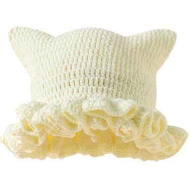 Imagem de eYourlife2012 Ruffled Brim Knitted Beanie Hats with Horns Handmade Crochet Bucket Hat with Cat Ears for Womens Cosplay Costumn Halloween (US, Alpha, One Size, Cream)