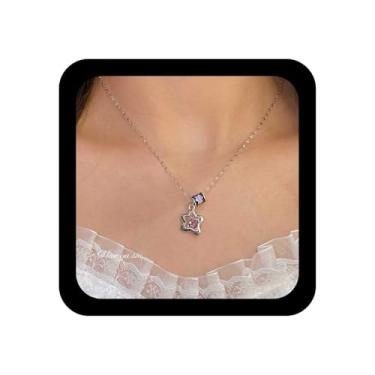Imagem de Zeshimb Colar de estrela de cristal com pingente de estrela de strass roxo, colar de tubo deslizável, colar delicado com estrela de zircônia cúbica, joia para mulheres e meninas